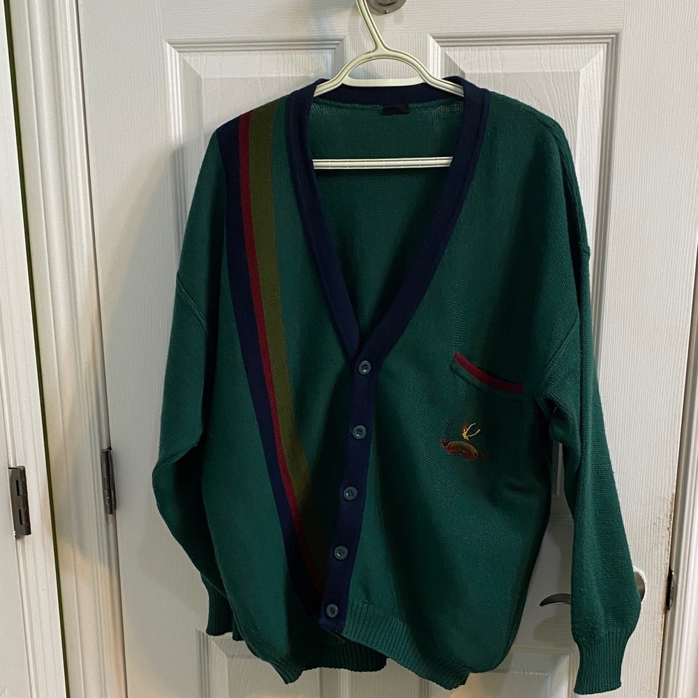 Vintage 80s retro long oversized Riviera cardigan green wild goose men size XL